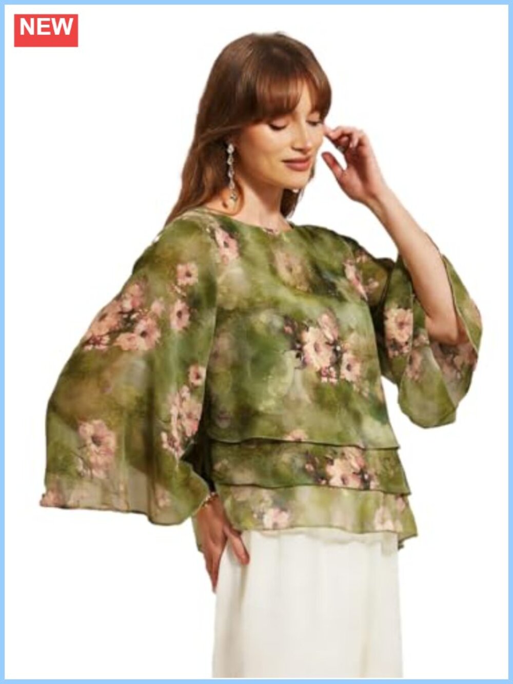 Floral Chiffon Blouse with Bell Sleeves and Ruffle Layered Hem